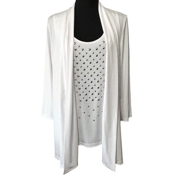 Slinky Brand Open White Cardigan & Studded Tank Top 3/4 Sleeves 2 Pc - Picture 1 of 12